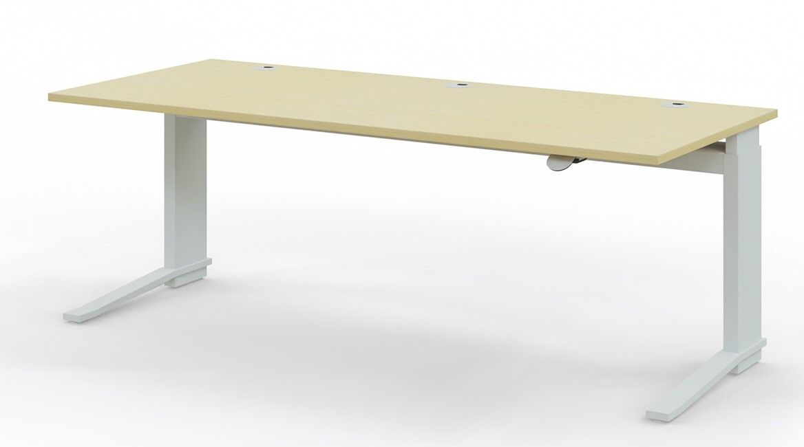Moderner ergonomischer Schreibtisch mit hellbrauner Platte und weißem Metallgestell, ideal für gesundes Arbeiten.