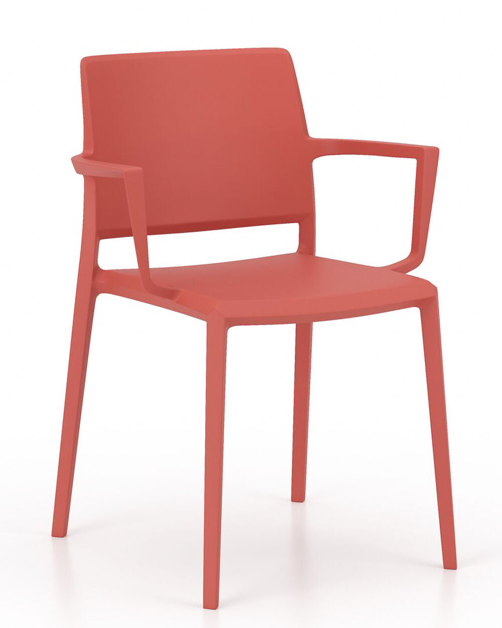 Moderner roter Stuhl mit Armlehnen, schlichtes Design, ideal für ergonomische und flexible Arbeitsumgebungen.