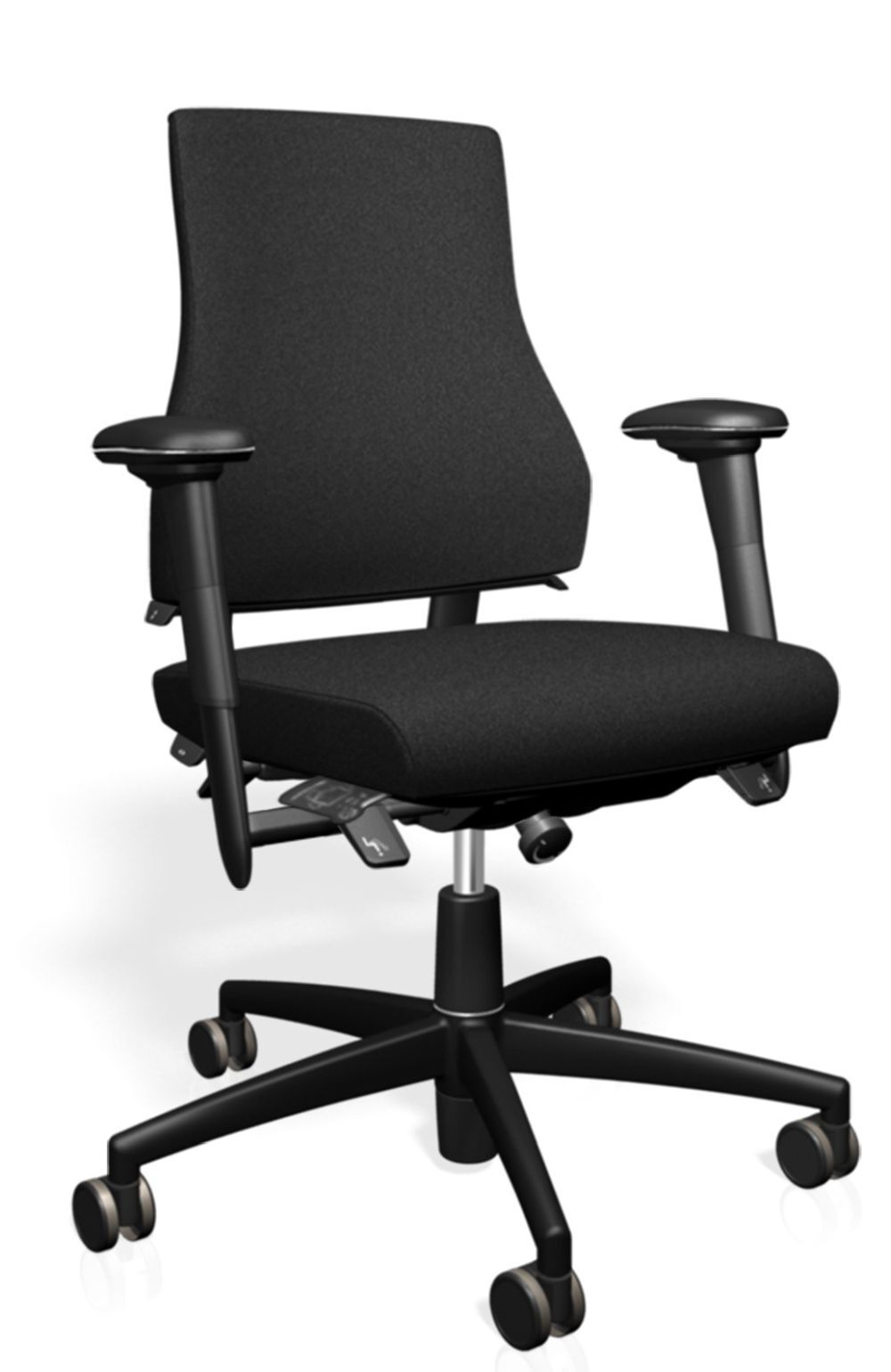 Schwarzer ergonomischer Bürostuhl mit verstellbaren Armlehnen und Rollen für dynamisches Sitzen und Komfort.