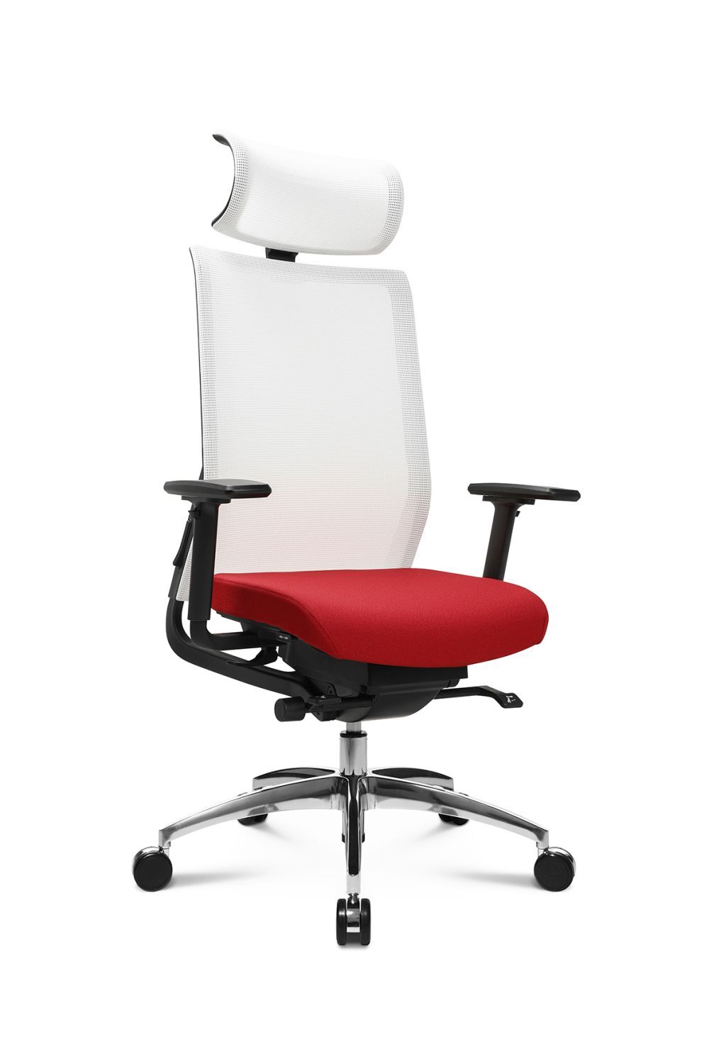 Ergonomischer Bürostuhl mit rotem Sitz, weißer Rückenlehne und verstellbaren Armlehnen auf einem fünfarmigen Rollfuß.
