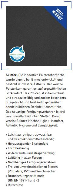 Text über Skintec-Polster; beschreibt Komfort, Robustheit und hygienische Vorteile, mit Logo und blauem Banner.