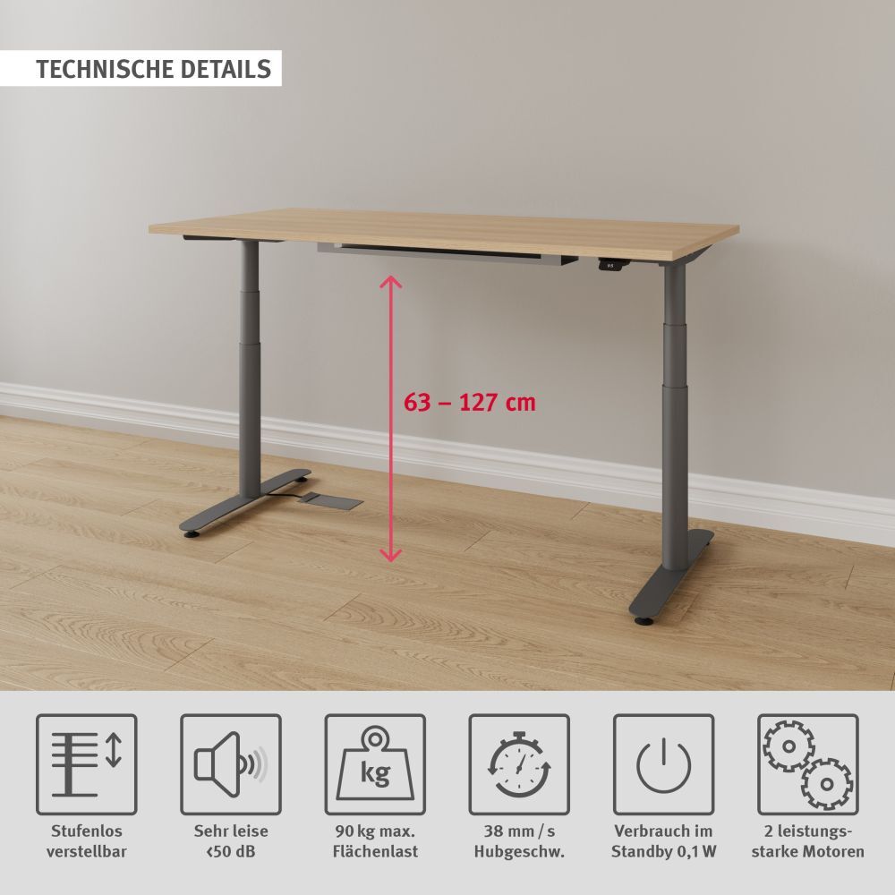 Höhenverstellbarer Schreibtisch von 63 bis 127 cm, ideal für ergonomisches Arbeiten, mit technischen Details unten.