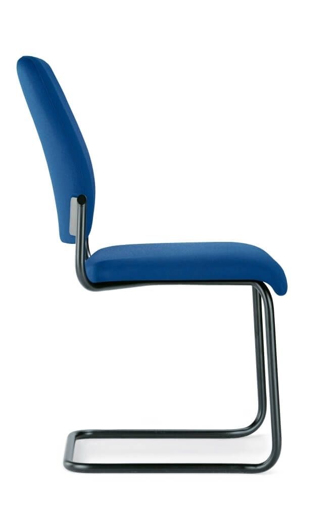 Blauer ergonomischer Freischwinger-Bürostuhl mit schwarzem Metallrahmen, ideal für dynamisches Sitzen im Büro.