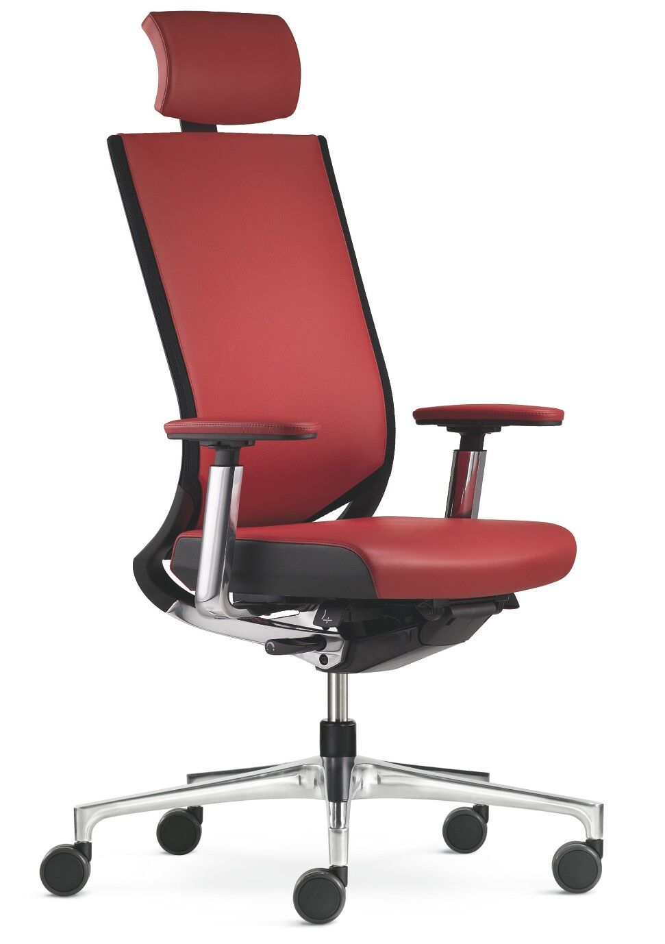 Roter ergonomischer Bürostuhl mit Kopfstütze, verstellbaren Armlehnen und verchromtem Drehfuß auf Rollen.