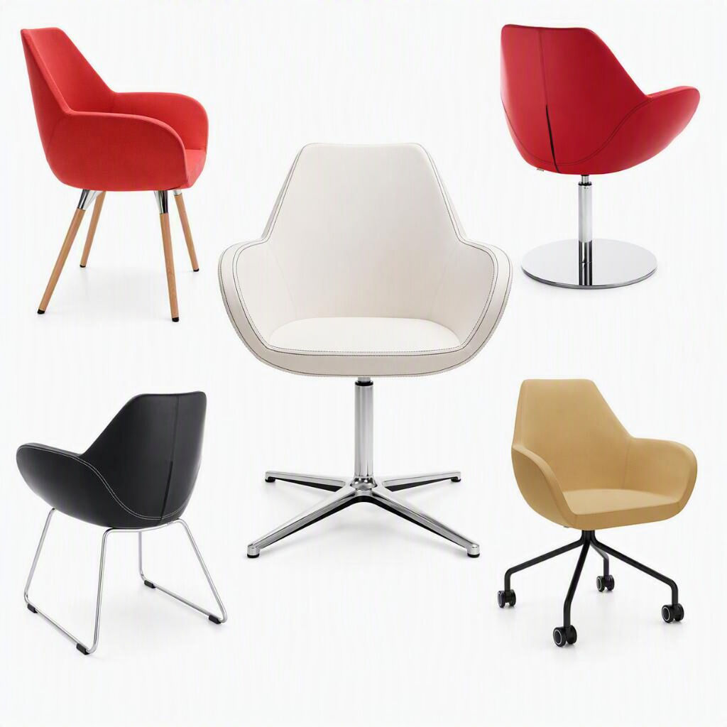 Fünf stilvolle, ergonomische Stühle in verschiedenen Farben und Designs, ideal für dynamisches Sitzen im Büro.