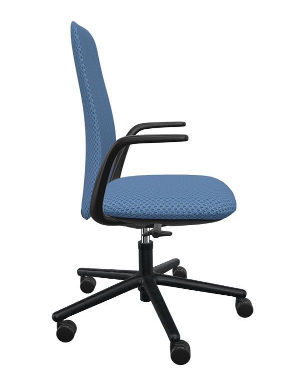 Ergonomischer Bürostuhl in Blau mit Armlehnen und schwarzem Drehfuß, optimal für gesundes, dynamisches Sitzen.