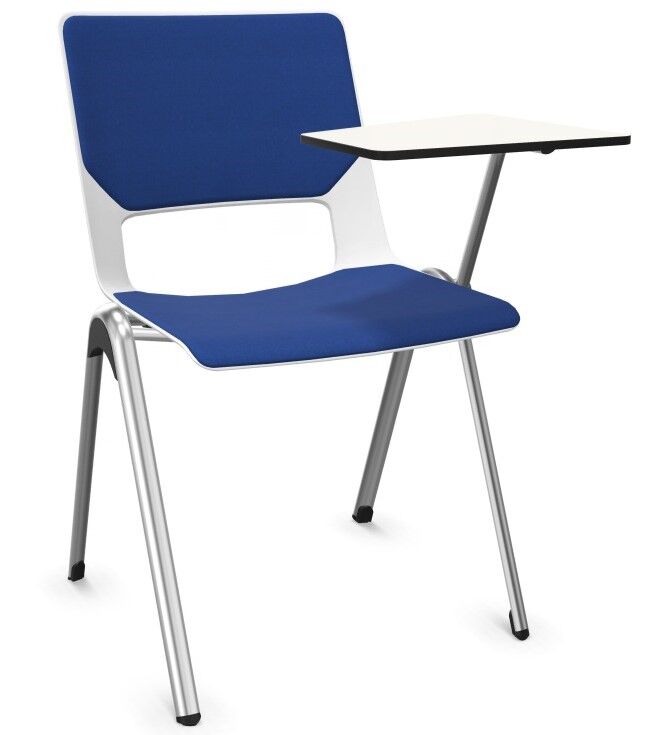 Moderner blauer Stuhl mit integriertem weißen Schreibbrett und silbernem Gestell, ideal für ergonomisches Sitzen.