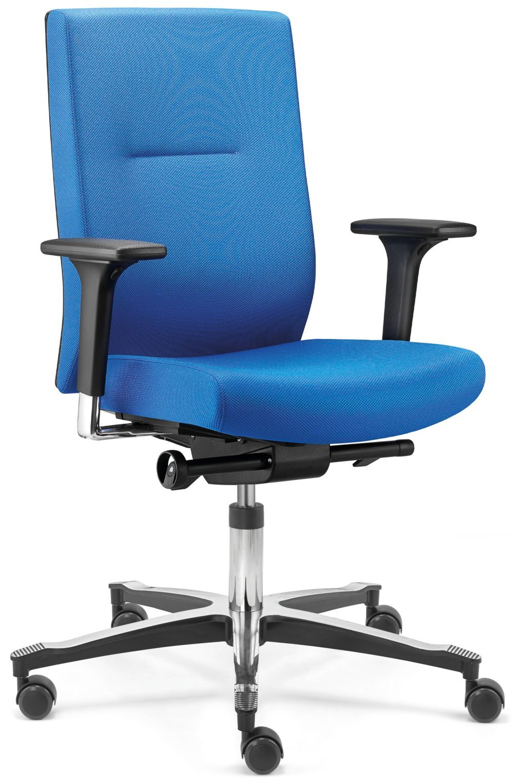 Blauer ergonomischer Bürostuhl mit verstellbaren Armlehnen und Rollen, ideal für gesundes, bewegtes Sitzen.