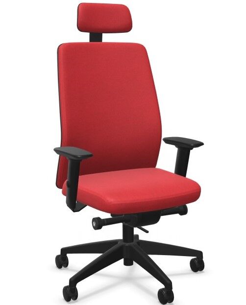 Roter ergonomischer Bürostuhl mit hoher Rückenlehne und Armlehnen, ideal für dynamisches Sitzen im Büro.
