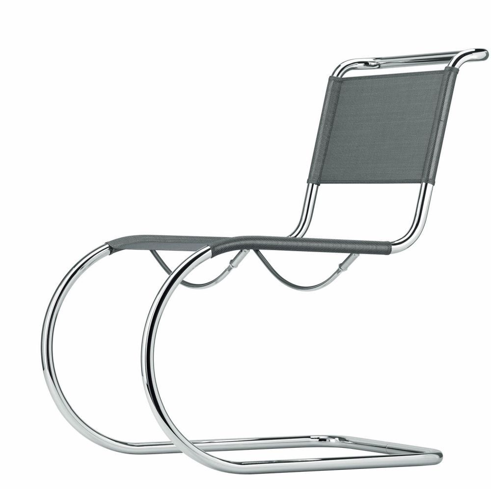 Moderner Freischwinger-Stuhl mit gebürstetem Edelstahlrahmen und grauem Netzbezug für ergonomischen Sitzkomfort.