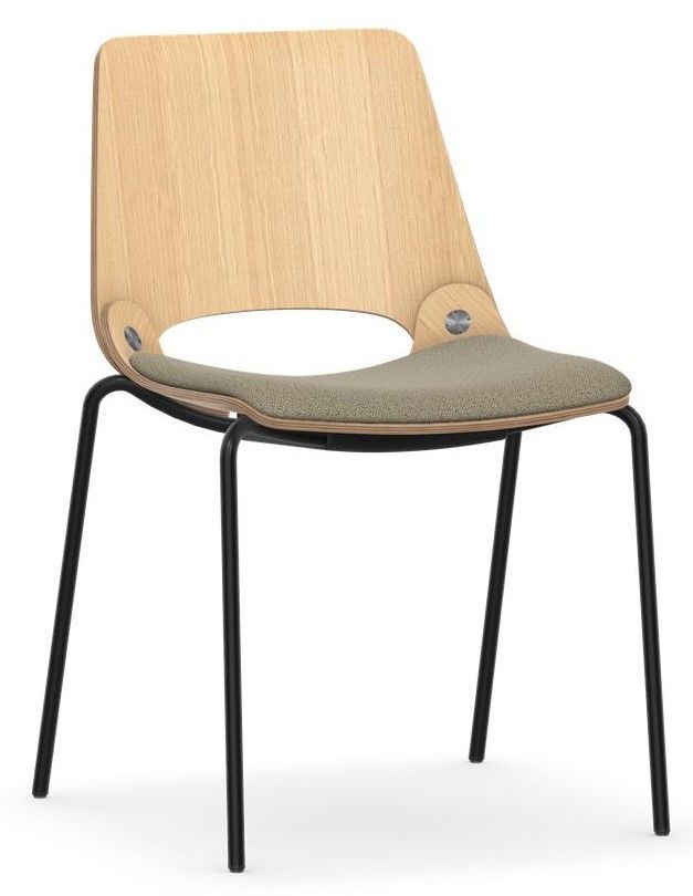 Moderner Stuhl mit Holzlehne, beigem Sitzpolster und schwarzen Metallbeinen; ideal für ergonomisches Sitzen.