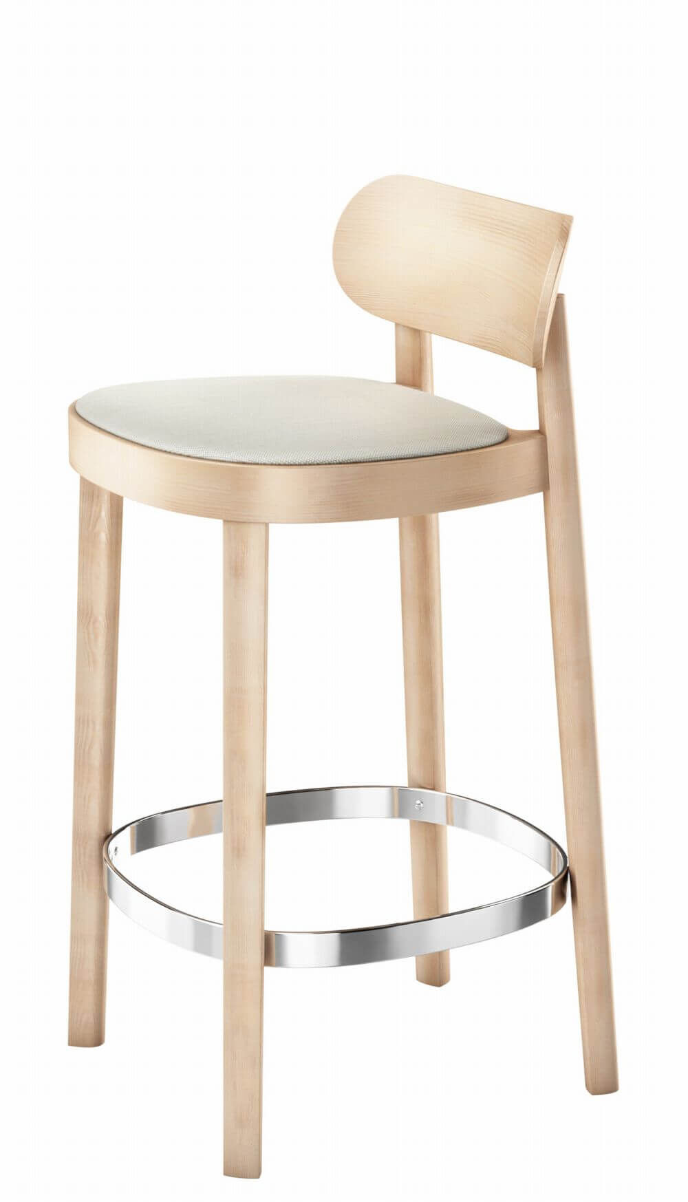Eleganter Holzhocker mit gepolsterter Sitzfläche und Metallfußring, ideal für ergonomisches Sitzen im modernen Büro.