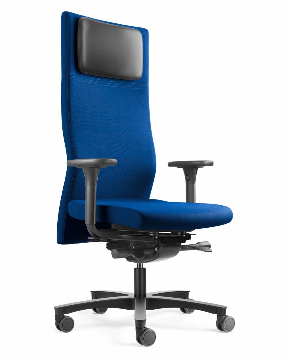 Ergonomischer Bürostuhl mit blauer Polsterung und verstellbarer Kopfstütze für dynamisches Sitzen und Arbeitskomfort.