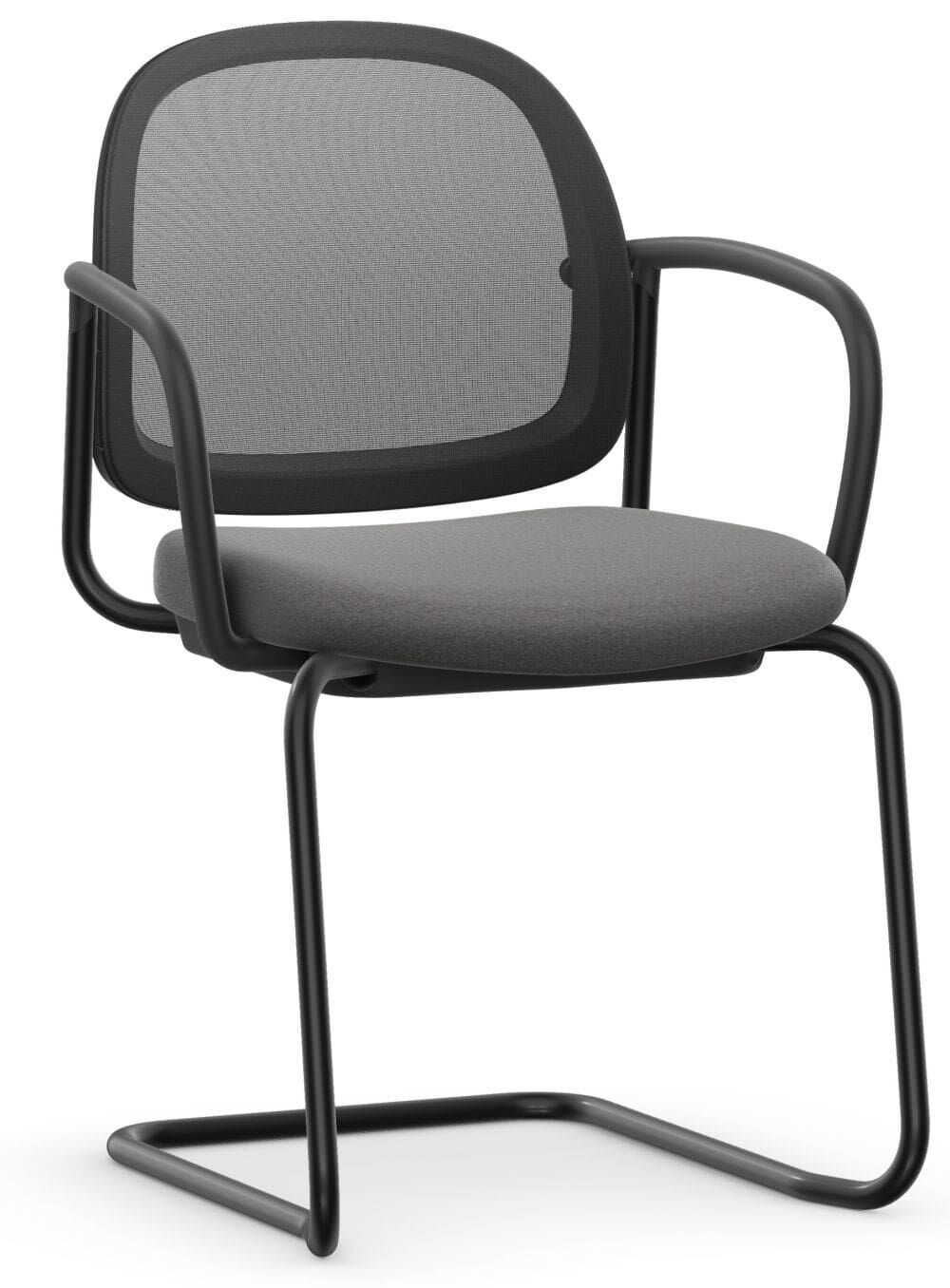 Moderner ergonomischer Bürostuhl mit schwarzem Metallgestell, gepolsterter Sitzfläche und Netz-Rückenlehne.