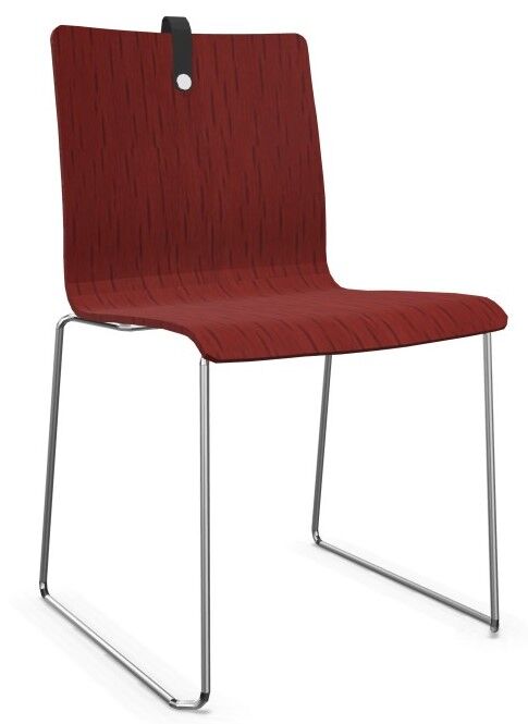 Moderner Stuhl mit rotem Sitz, dünnen Metallbeinen und ergonomischem Design für dynamisches Sitzen.