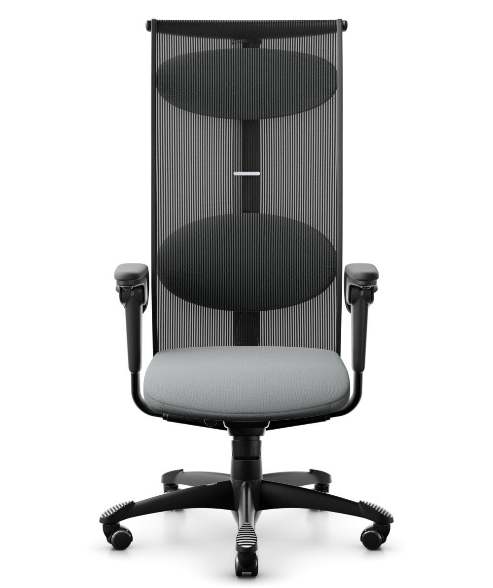 Ergonomischer Bürostuhl mit Netzrückenlehne, verstellbaren Armlehnen und gepolstertem Sitz für dynamisches Sitzen.