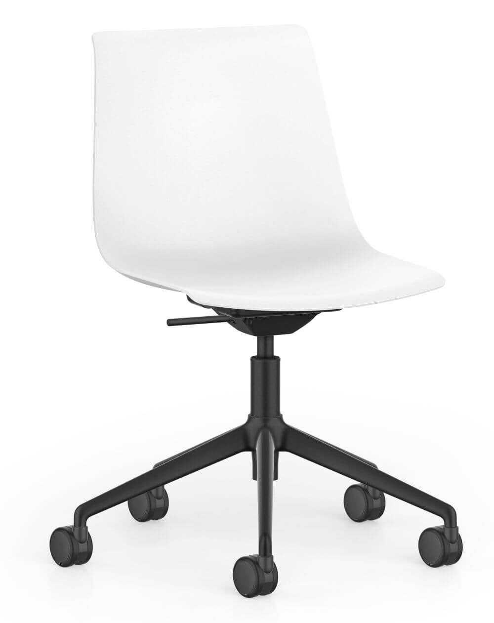 Moderner weißer ergonomischer Bürostuhl mit schwarzem Gestell und Rollen für dynamisches Sitzen.