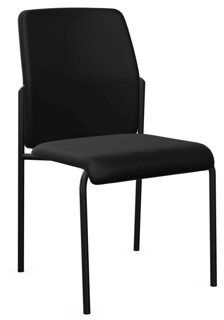 Moderner, schwarzer Büro-Stuhl mit gepolsterter Sitzfläche und Rückenlehne aus Lederimitat, schlichtes Design.