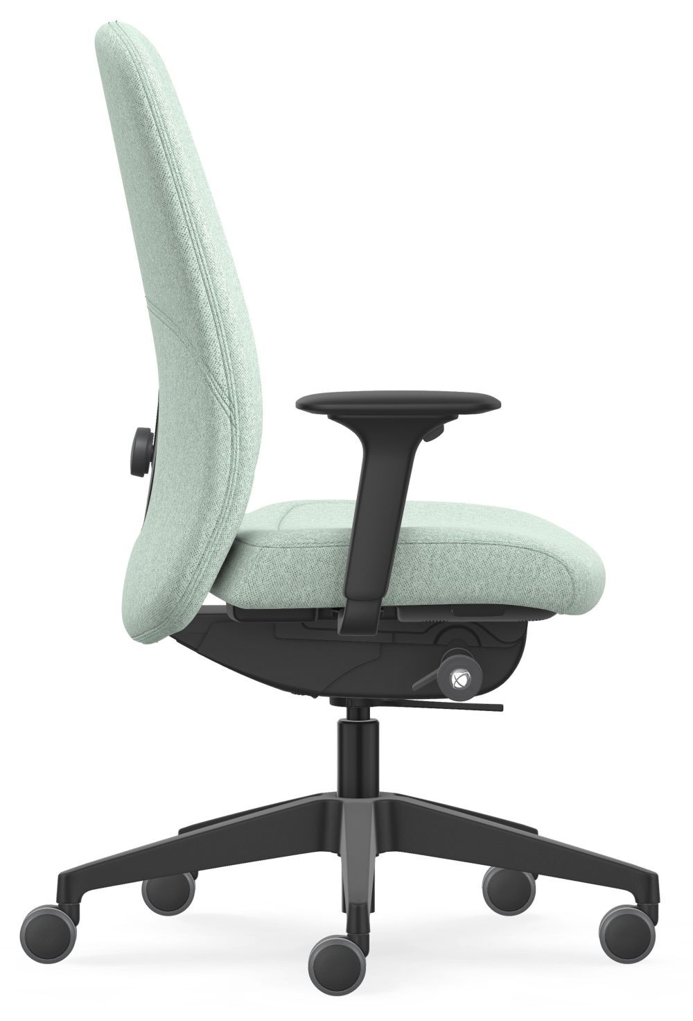 Seitenansicht eines ergonomischen, mintgrünen Bürostuhls mit verstellbaren Armlehnen und Rollen.