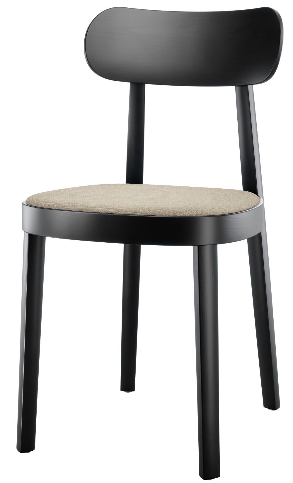 Schwarzer Stuhl mit runder Lehne und beigem Sitzpolster, minimalistisches Design, ideal für Büro oder Zuhause.