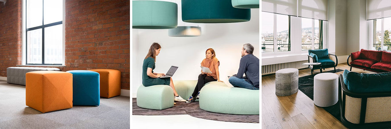 Moderne Büroräume mit bunten, ergonomischen Sitzmöbeln, ideal für dynamisches Arbeiten und Meetings.