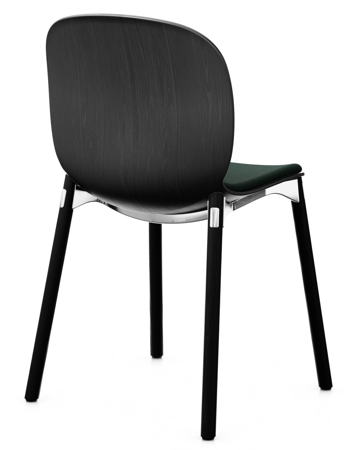 Rückansicht eines modernen, ergonomischen Stuhls mit dunkler Holzkonstruktion und gepolsterter Sitzfläche.