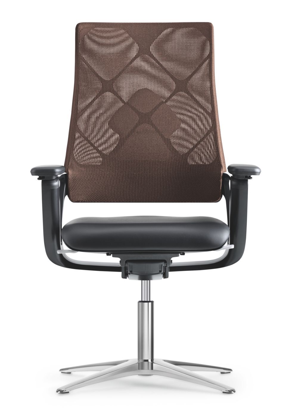 Moderner ergonomischer Bürostuhl mit braunem Netzrücken und schwarzem Sitzkissen, auf verchromtem Fußgestell.