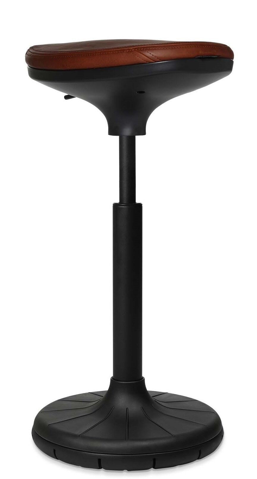 Moderner, höhenverstellbarer ergonomischer Hocker mit schwarzem Sockel und gepolstertem braunem Sitz für dynamisches Sitzen.