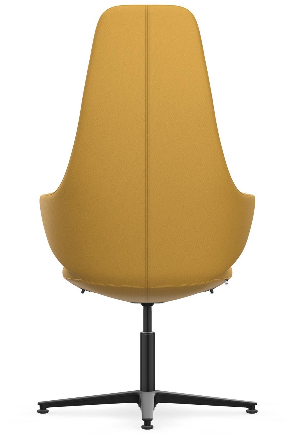 Ergonomischer Bürostuhl mit hoher, gelber Rückenlehne, schwarzem Drehfuß, aus Rückansicht gezeigt.
