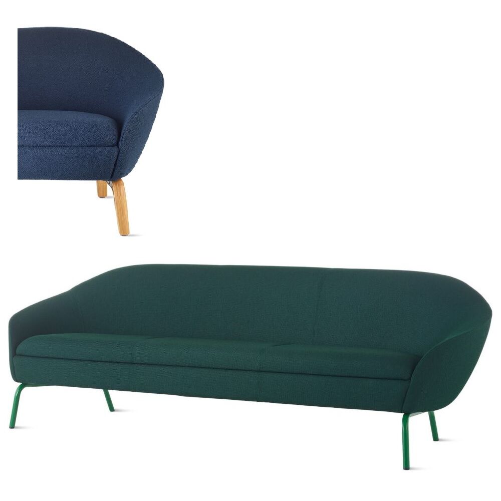 Ergonomisches dunkelgrünes Sofa mit modernen Metallbeinen, Detail einer blauen Couch mit Holzbeinen sichtbar.
