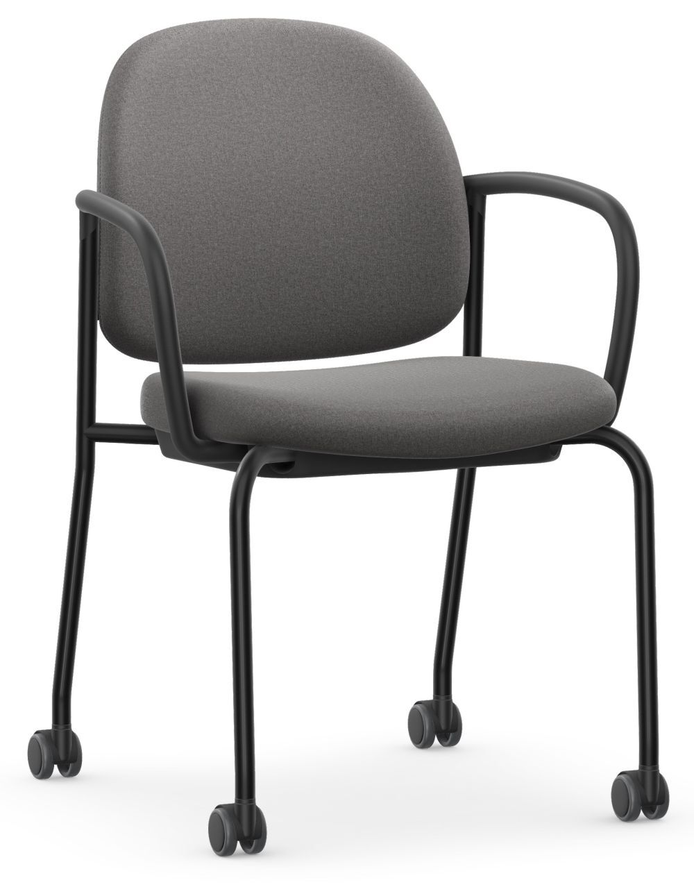 Grauer ergonomischer Bürostuhl mit Armlehnen und Rollen, ideal für dynamisches Sitzen im Büro oder Homeoffice.