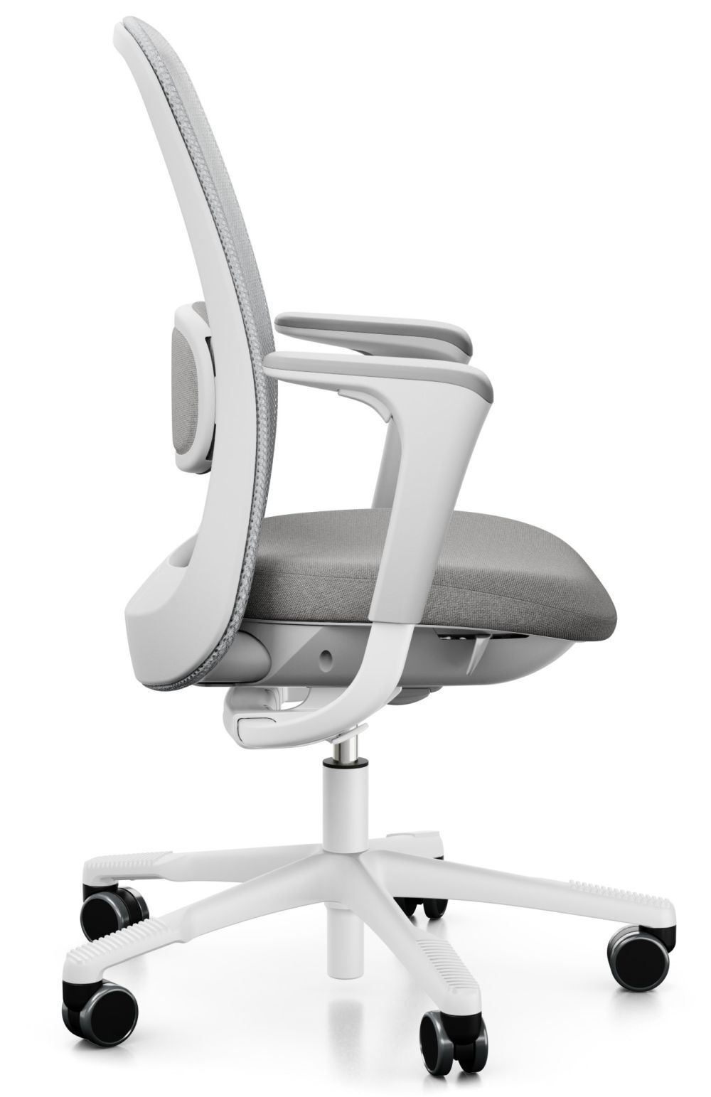 Seitliche Ansicht eines ergonomischen Bürostuhls mit grauem Sitz, Armlehnen und verstellbarer Rückenlehne.