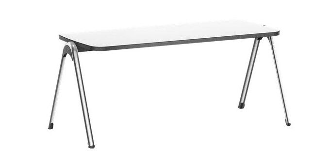 Moderner Schreibtisch mit weißer Tischplatte und schlanken, gebogenen Metallbeinen, ideal für ergonomische Arbeitsplätze.