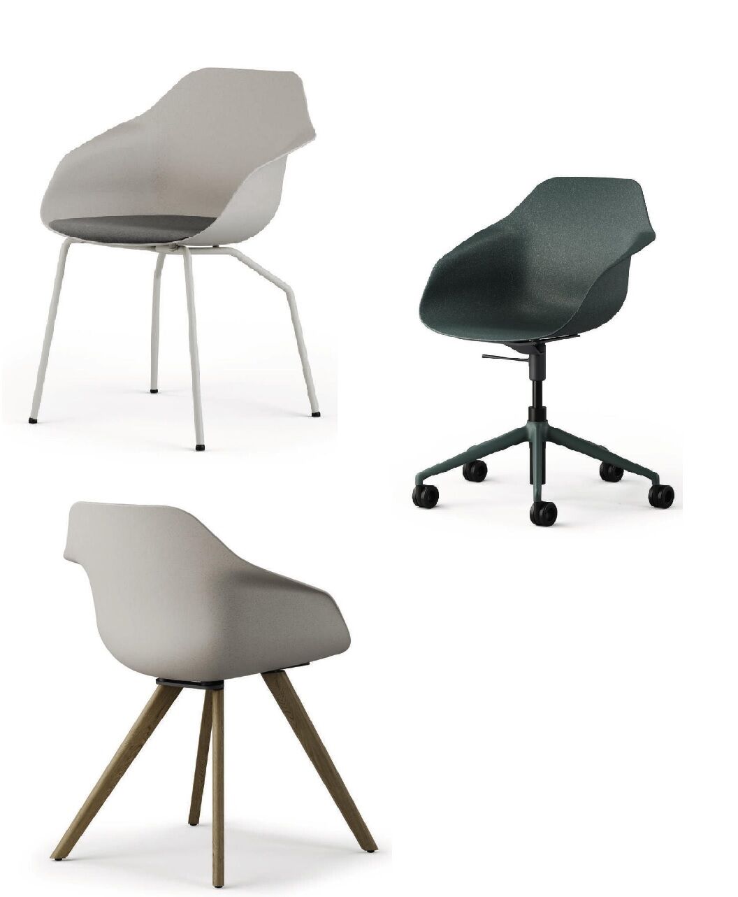 Drei moderne ergonomische Stühle in verschiedenen Designs: Metallgestell, Bürostuhl mit Rollen und Holzbeine.