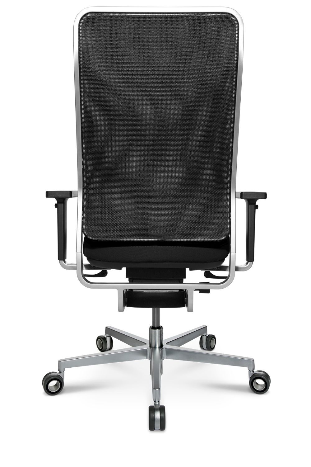 Ergonomischer Bürostuhl mit schwarzer Netzrückenlehne und verstellbaren Armlehnen auf stabilen Rollen.