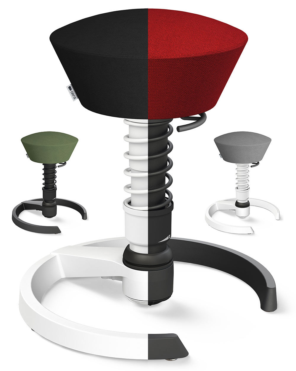 Drehhocker mit verschiedenen Sitzfarben und ergonomischem Design zur Förderung dynamischen Sitzens.