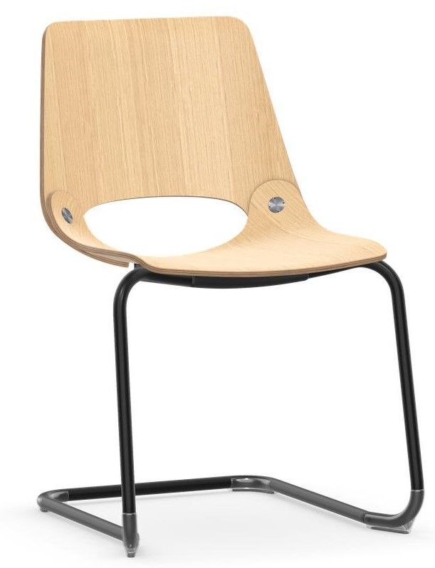 Moderner Holzstuhl mit gebogenem Sitz und schwarzem Metallrahmen, ideal für ergonomisches Sitzen.