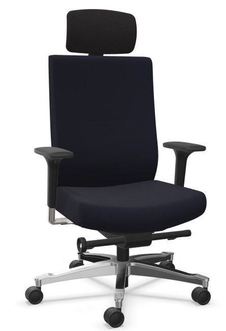 Schwarzer ergonomischer Bürostuhl mit Kopfstütze, verstellbaren Armlehnen und stabilen Rollen für dynamisches Sitzen.