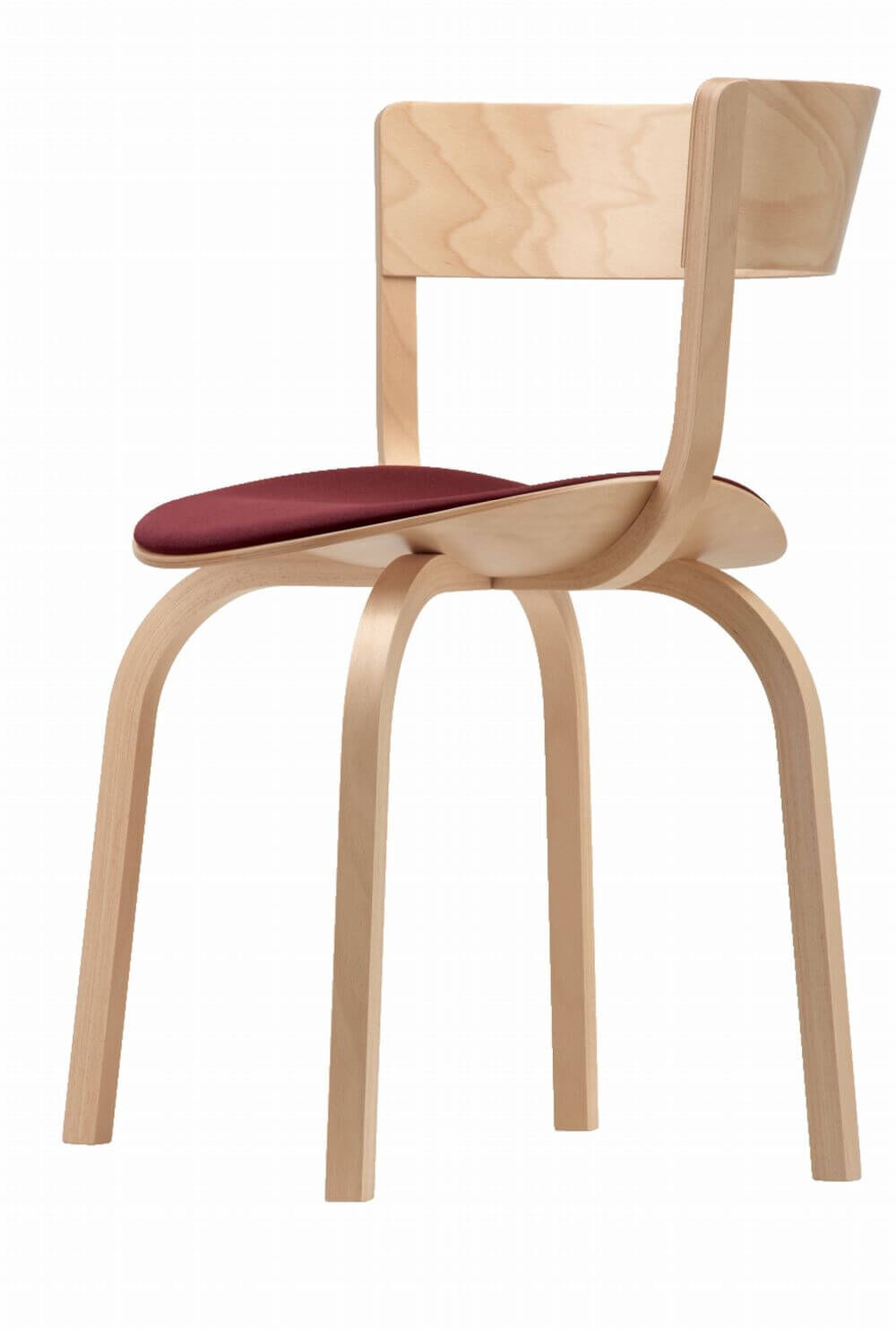 Moderner Holzstuhl mit gebogener Rückenlehne und weinroter Sitzfläche, ideal für ergonomisches Sitzen.