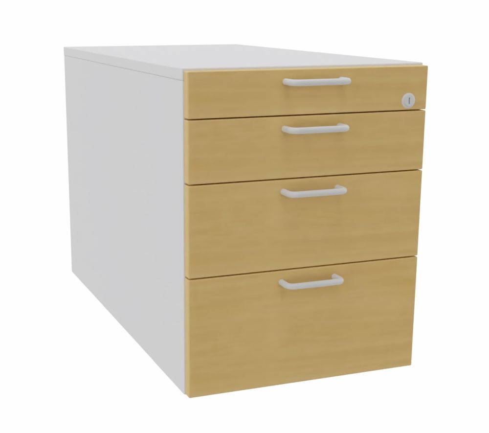 Hölzerner Büroschrank mit vier Schubladen und weißer Oberseite, ideal für moderne Arbeitsumgebungen.