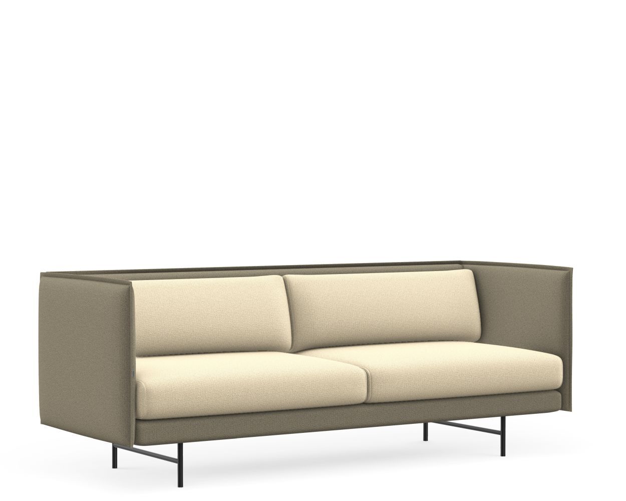 Modernes Sofa mit beigen Kissen und grauem Rahmen, minimalistisches Design auf Metallbeinen.