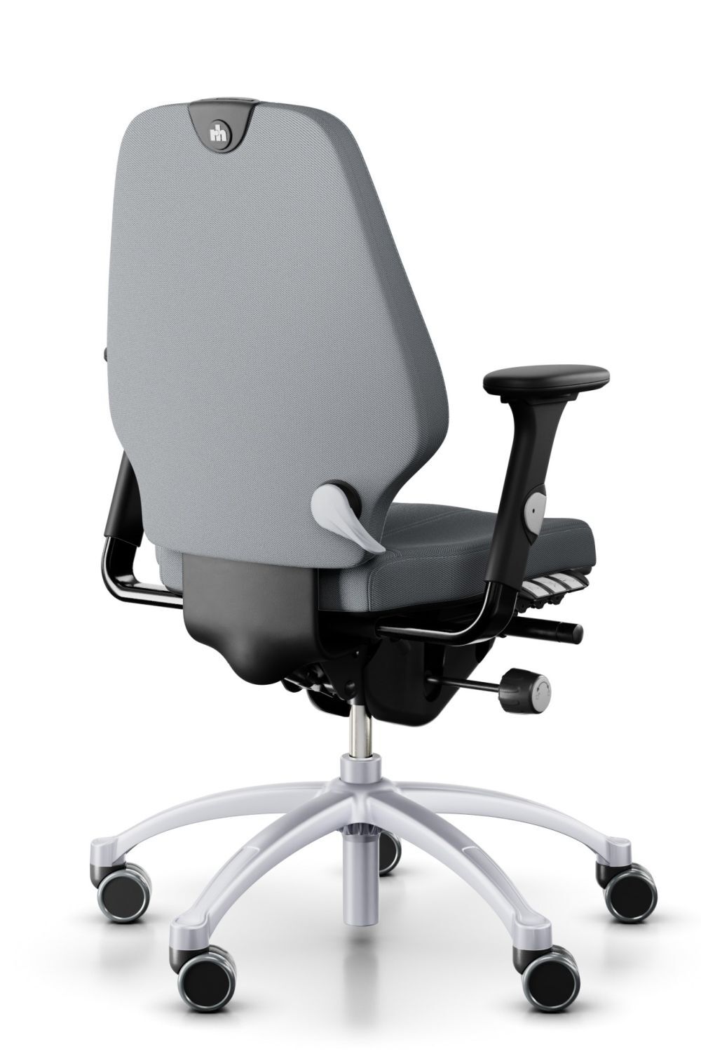 Ergonomischer Bürostuhl in Grau, mit verstellbaren Armlehnen und Rücklehne, auf einem stabilen Rollfußkreuz.