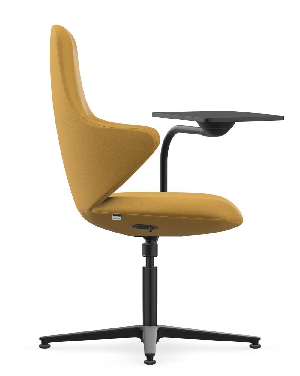 Moderner, ergonomischer Bürostuhl in Gelb mit schwarzem Tablett und Drehfuß für dynamisches Sitzen.