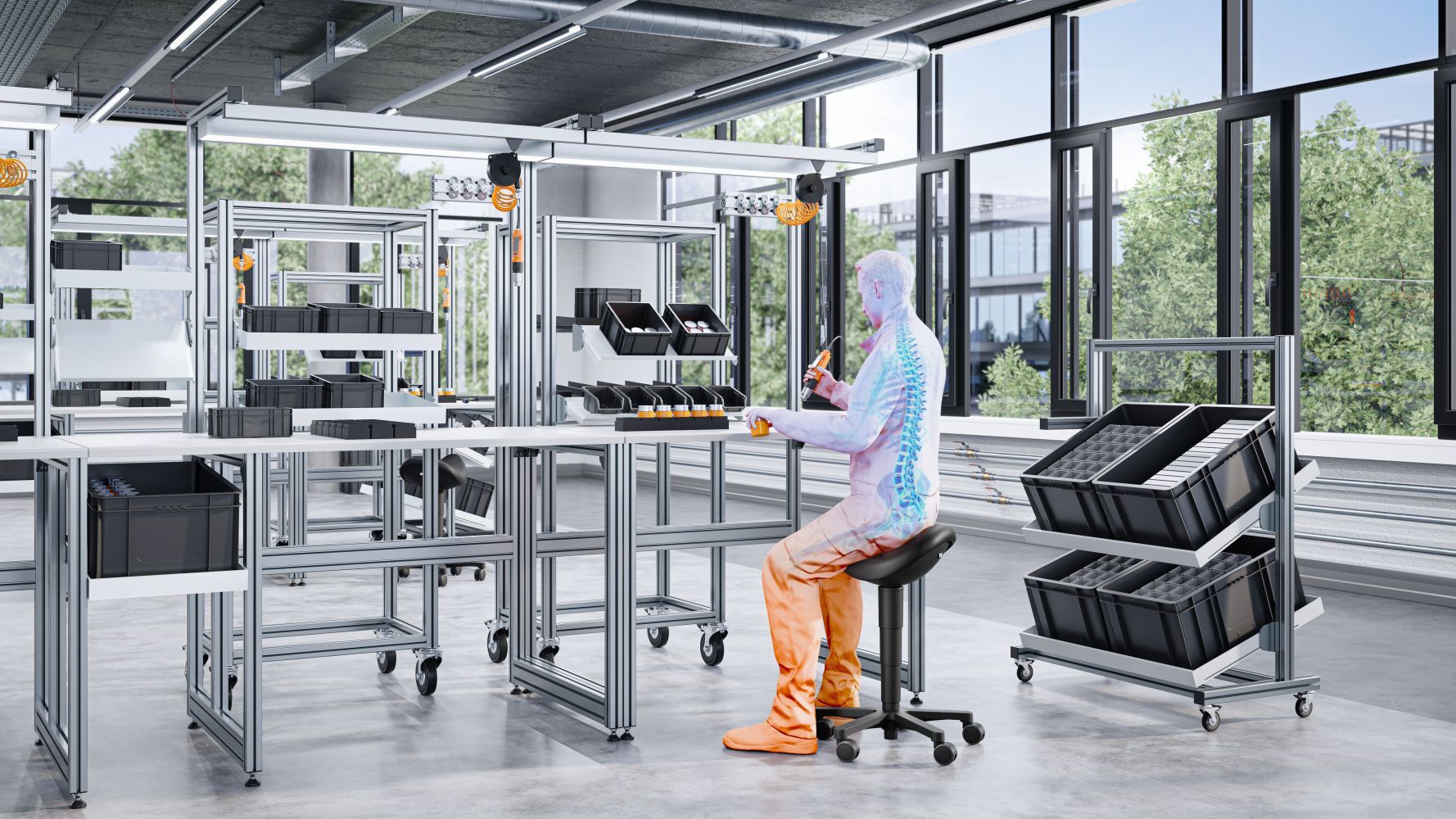 Person sitzt auf ergonomischem Stuhl an Werkbank in modernem Büro mit großen Fenstern und Regalen.