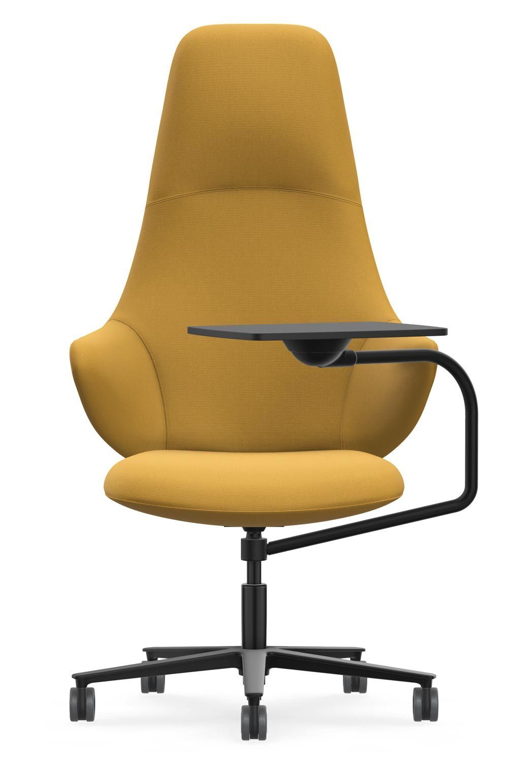 Ergonomischer gelber Bürostuhl mit hoher Rückenlehne und integrierter Armlehne und Tischplatte, ideal für dynamisches Sitzen.