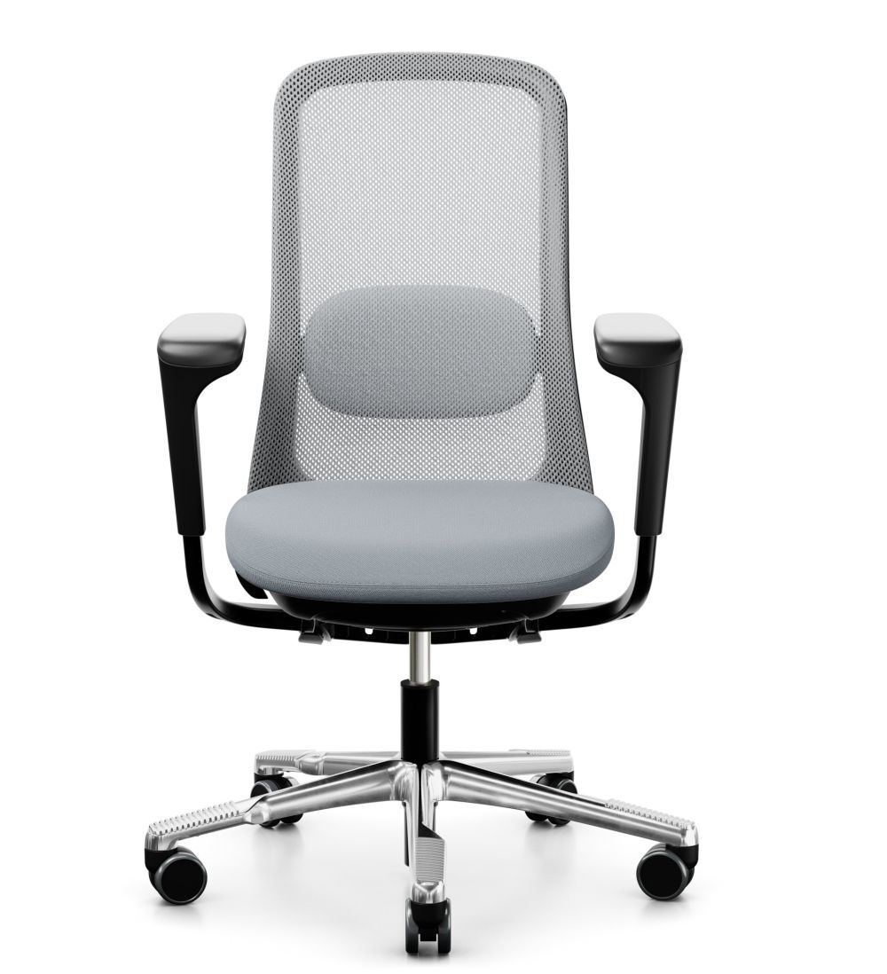 Ergonomischer Bürostuhl mit Netzrückenlehne und gepolstertem Sitz, verstellbare Armlehnen, silbernes Fußkreuz, Rollen.