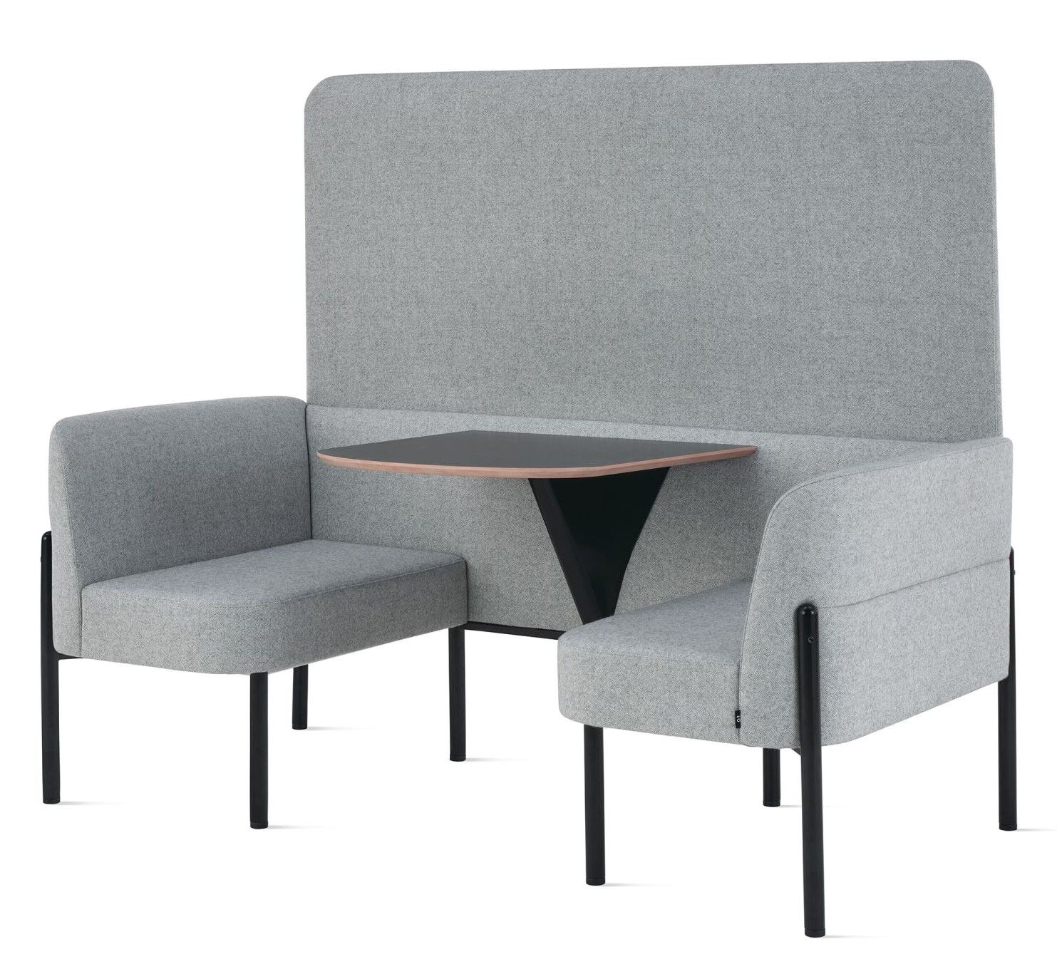 Graue ergonomische Sitzgruppe mit hohen Rückwänden und integriertem Tisch für optimalen Komfort am Arbeitsplatz.