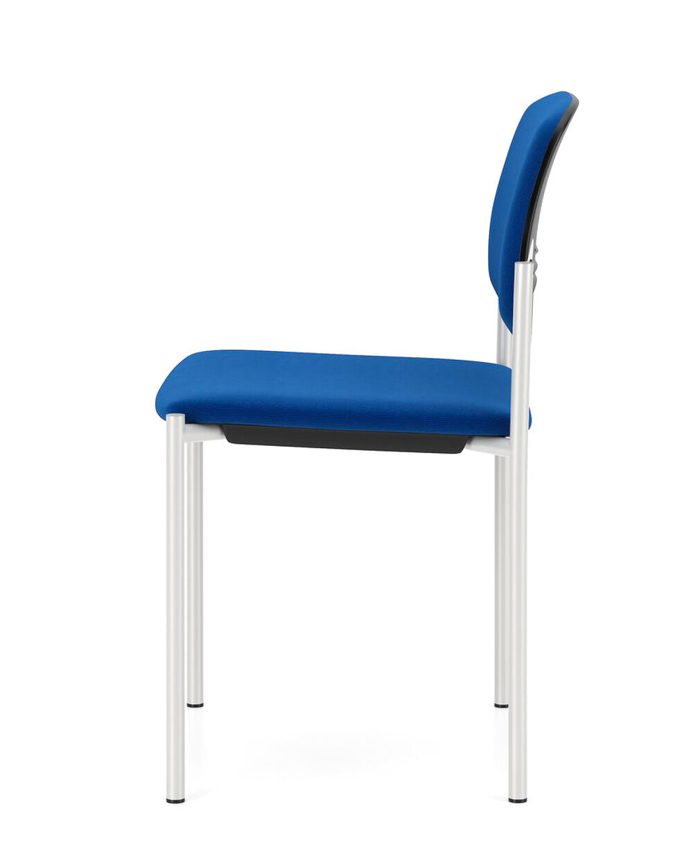 Seitenansicht eines ergonomischen Stuhls mit blauem Polster und weißem Metallgestell, ideal für Büros.