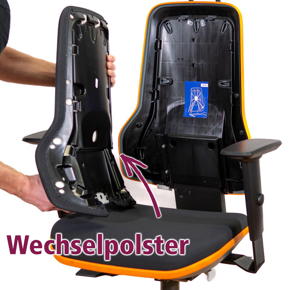 Ergonomischer Bürostuhl mit abnehmbarem Rückenpolster, hervorgehoben durch Pfeil und Text: Wechselpolster.