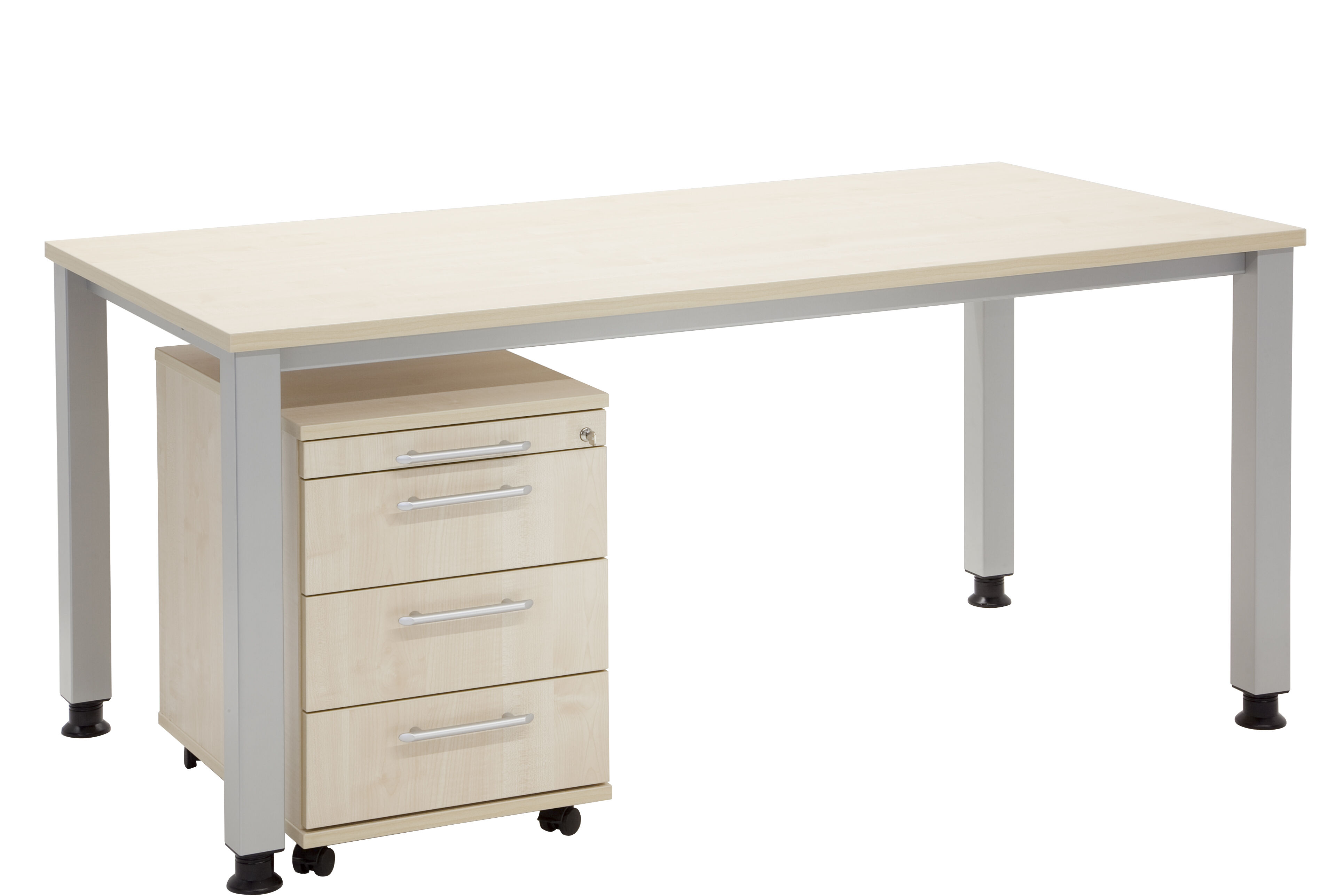 Moderner Büroschreibtisch mit hellem Holzfinish und integriertem Rollcontainer mit vier Schubladen.